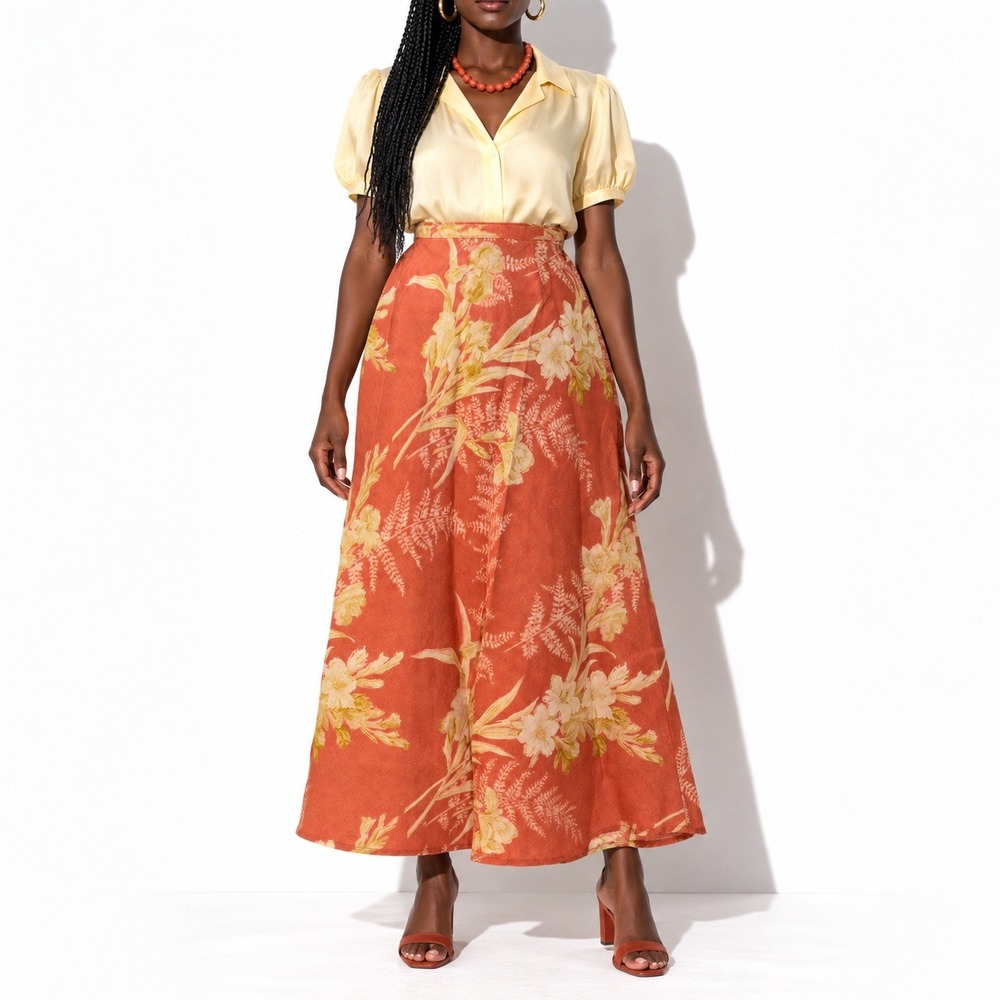 90s Vintage Lizsport Liz Claiborne Floral Linen Maxi Skirt Womens 4 Terracotta